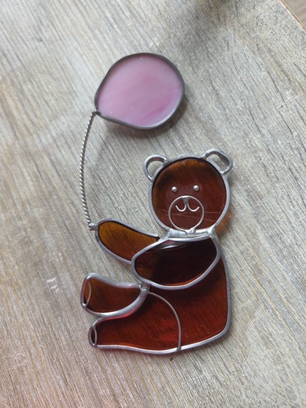 Stained Glass Bear with Pink Balloon Suncatcher 7 Inches